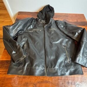 GUESS Mens Faux Leather‎ Hooded Bomber Moto Jacket Black XXL Full Zip Quilted
